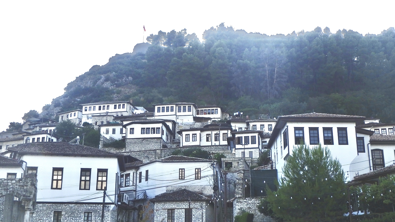 Bâtiments blancs traditionnels sur une colline.