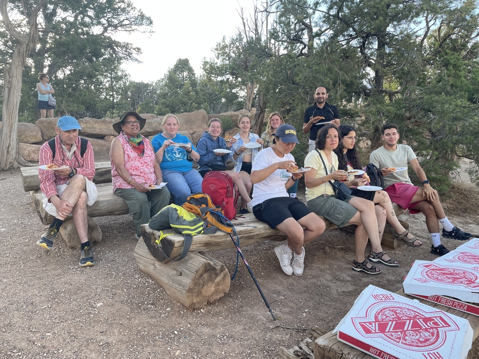 Group picnic with people eating on wooden logs outdoors.