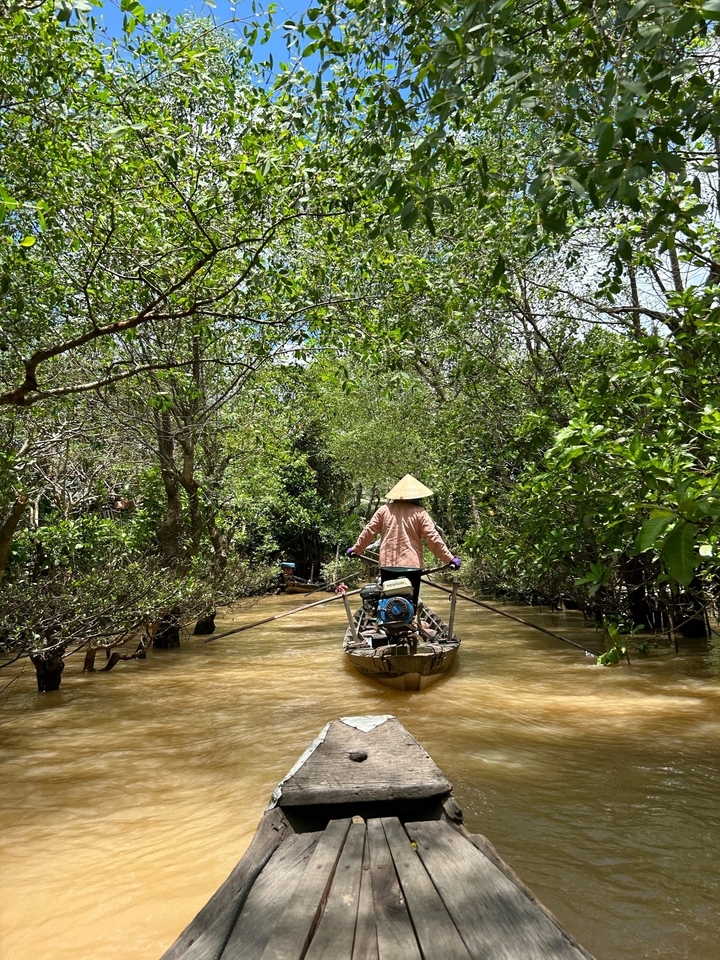 Personne ramant dans un bateau dans une zone verdoyante luxuriante.