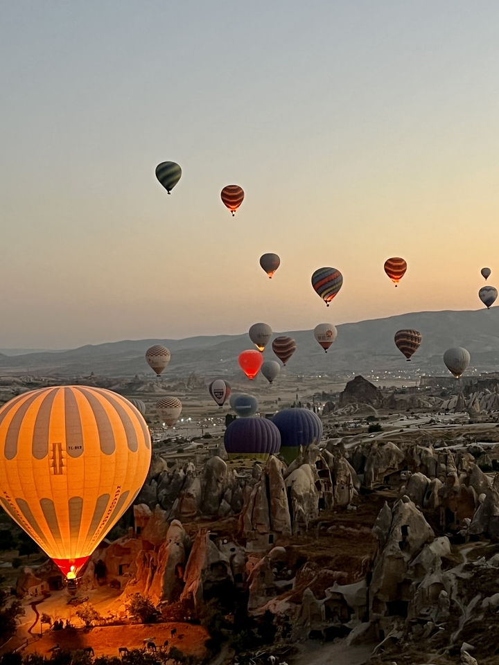 Montgolfières au-dessus d'un paysage rocheux.