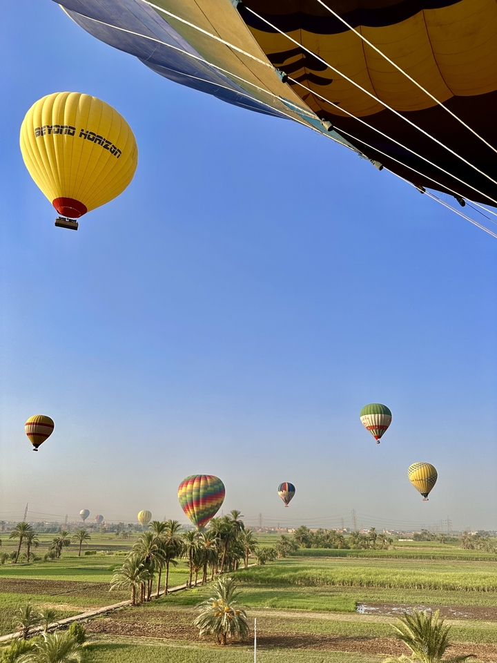 Des montgolfières flottant dans un ciel bleu dégagé.