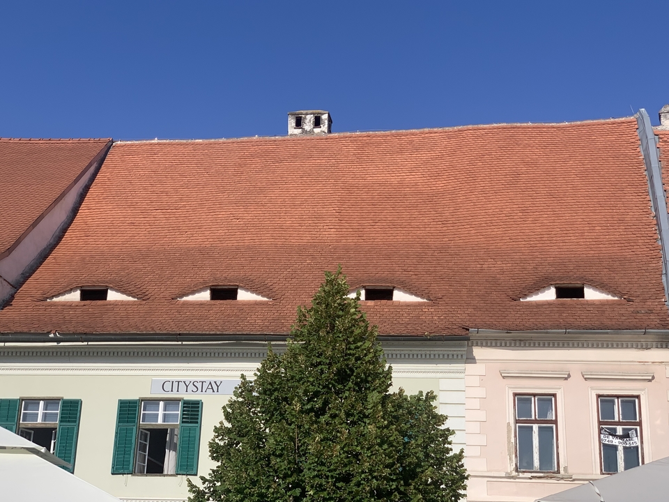 Bâtiments avec des fenêtres de toit distinctives connues sous le nom d'« Yeux de Sibiu ».