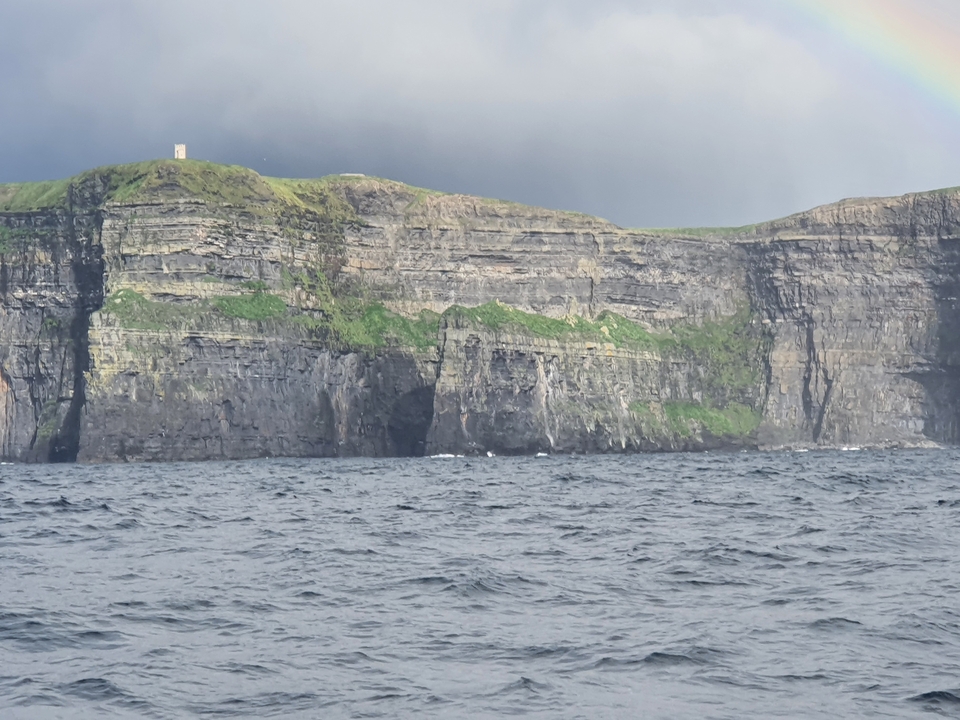 Falaises surplombant l'océan avec un ciel nuageux.