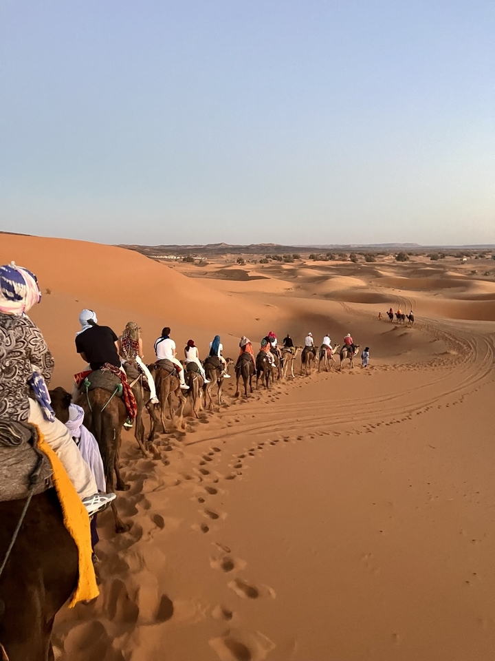 Caravane de chameaux traversant les dunes du désert avec des cavaliers admirant le paysage.