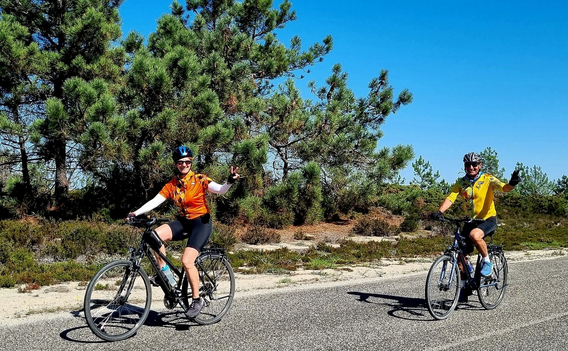 Cyclistes sur une route avec des arbres en arrière-plan.