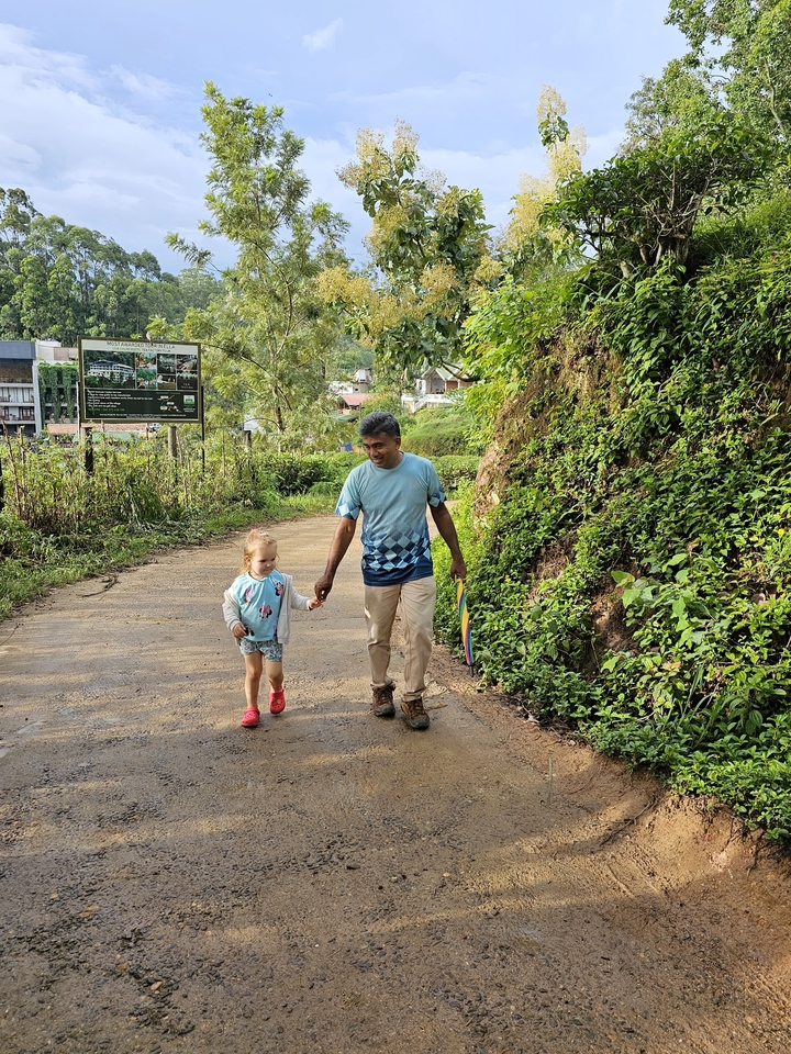 Enfant et adulte marchant le long d'un sentier dans un paysage verdoyant.
