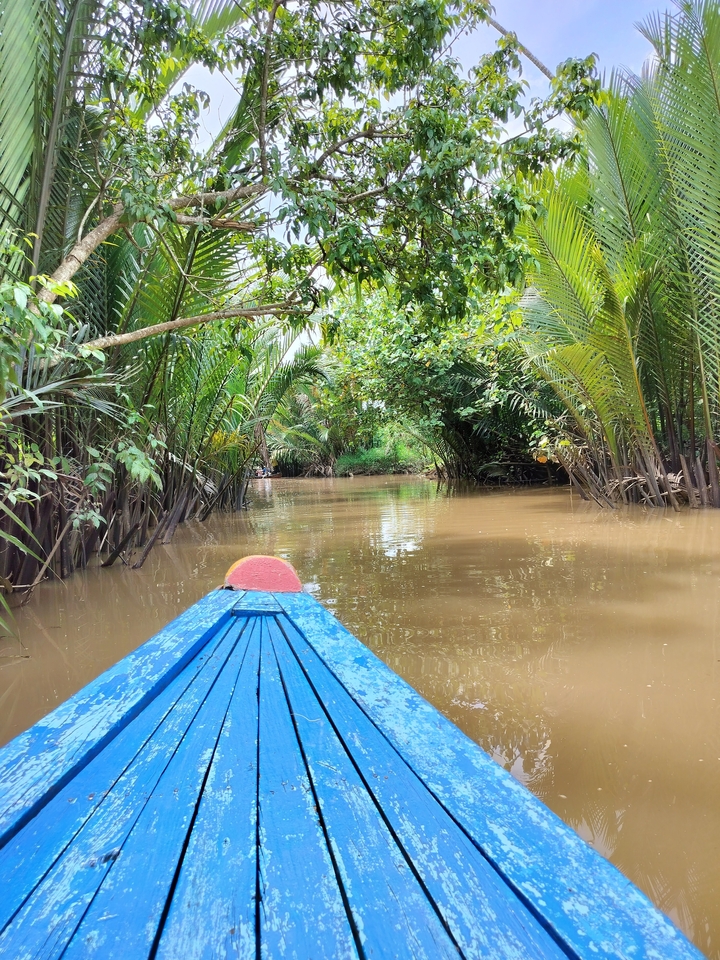 Rivière pittoresque avec un bateau naviguant à travers un feuillage vert luxuriant.