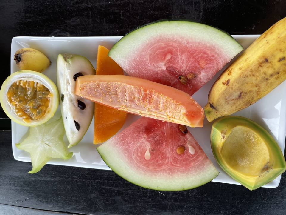 Gros plan d'une assiette avec des fruits tropicaux assortis.