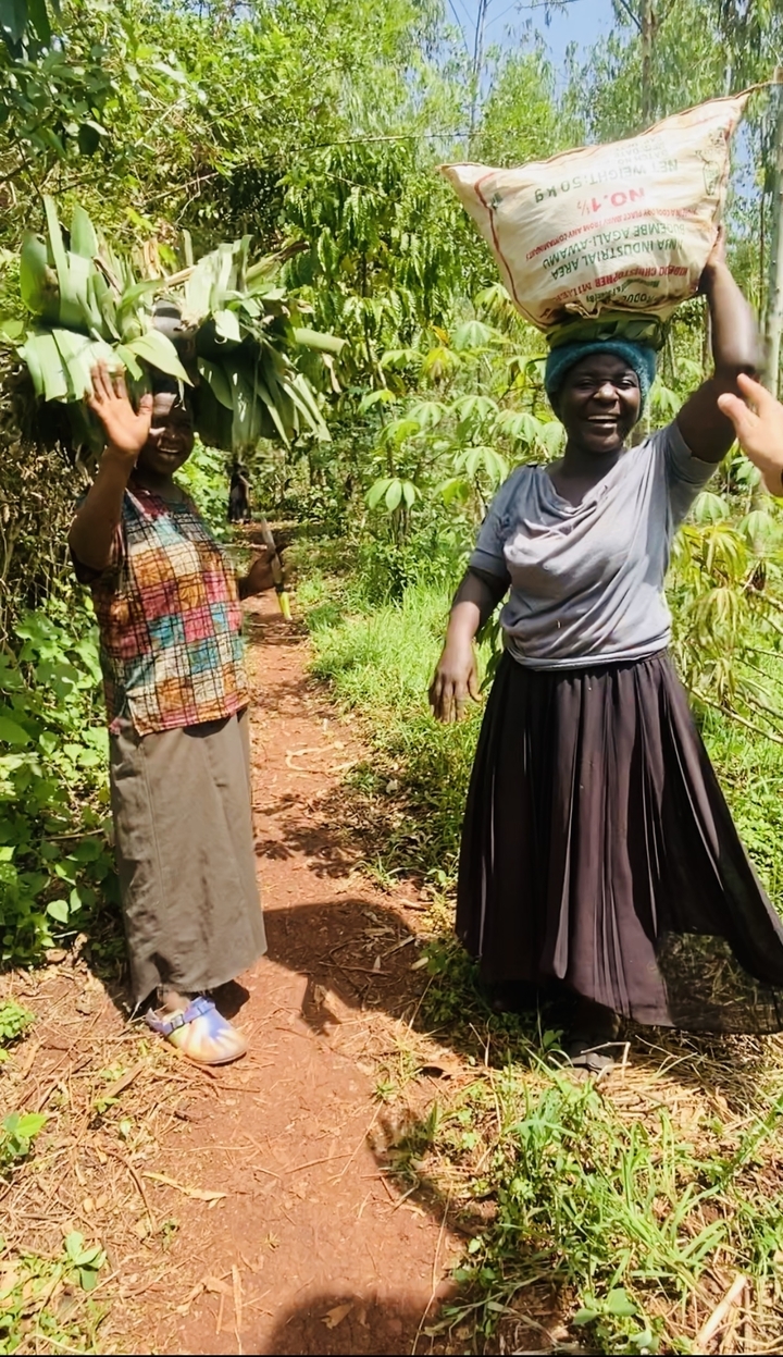 Deux personnes marchant sur un sentier de terre dans une forêt.