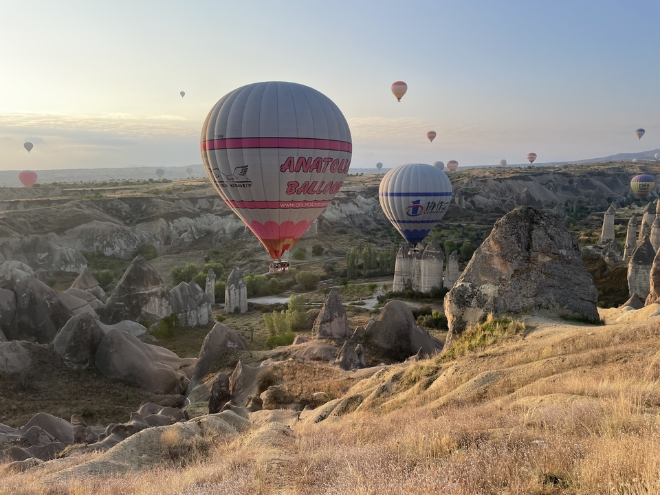 Montgolfières flottant au-dessus d'un paysage rocheux