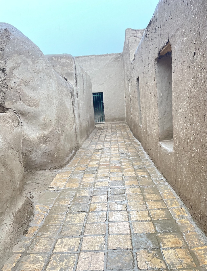 Un callejón estrecho con paredes de piedra y un sendero empedrado.