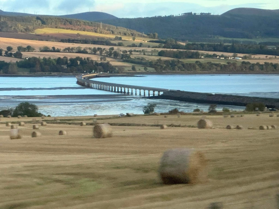 Vue panoramique d'un pont ferroviaire traversant des champs.
