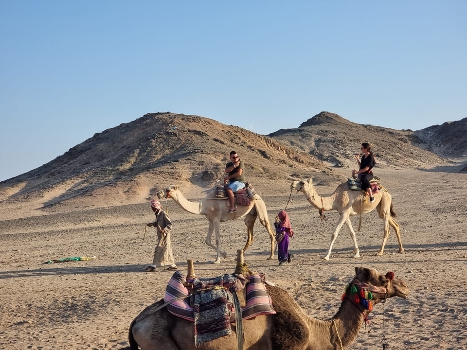 Des gens qui montent des chameaux dans un désert.