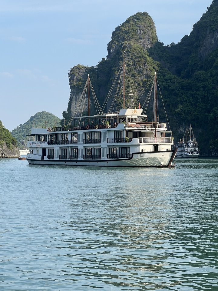 Bateau de croisière sur l'eau avec des falaises rocheuses en arrière-plan.