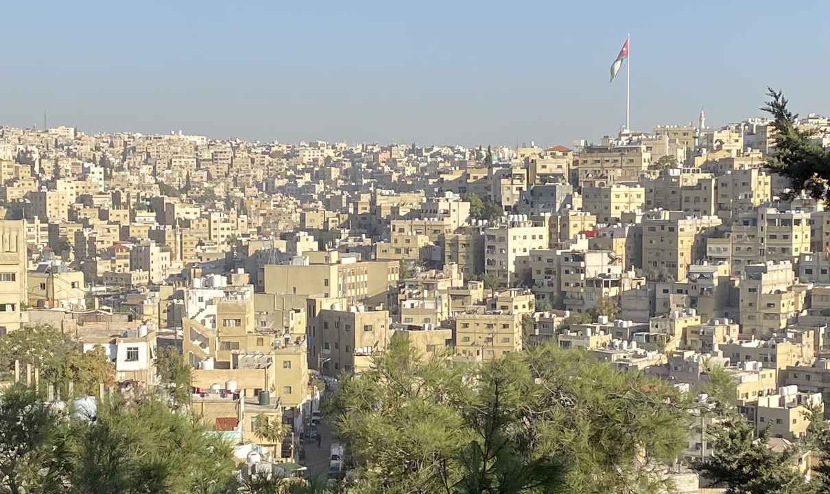 Vue d'un paysage urbain avec de nombreux bâtiments et un drapeau.