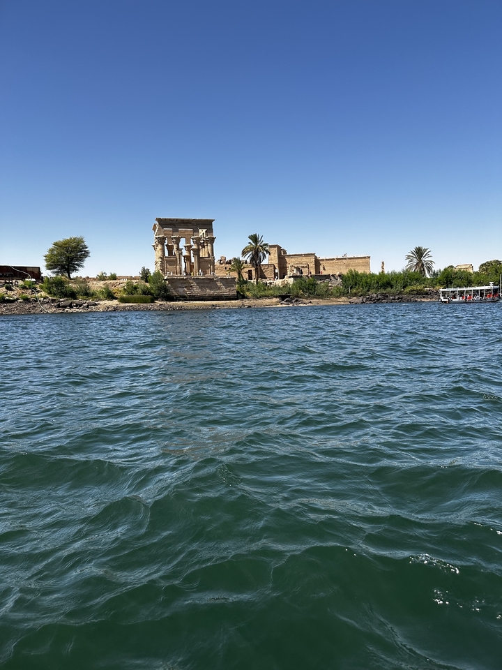 Ruines d'un temple antique au bord d'une rivière avec des palmiers.