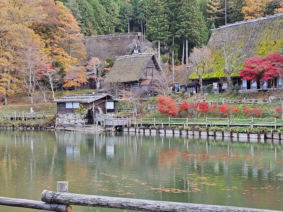 Maisons traditionnelles se reflétant dans un étang avec des arbres d'automne.