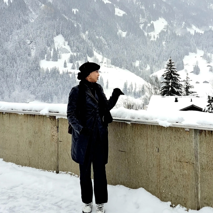 Eine Person, die in einer verschneiten Berglandschaft steht.