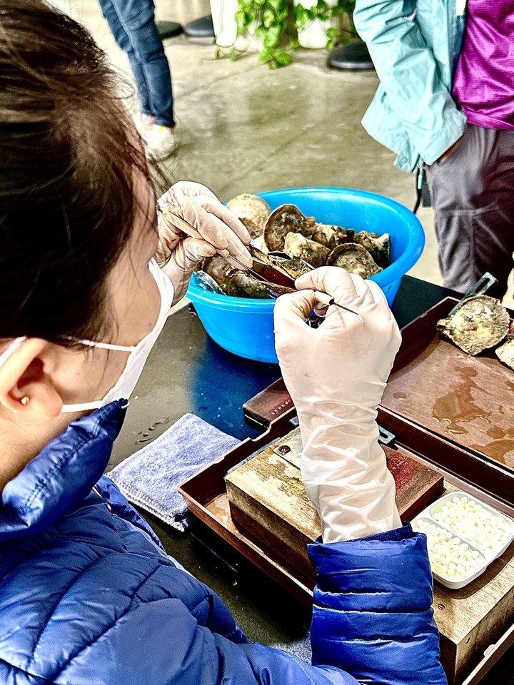 Personne inspectant des coquillages et des perles.