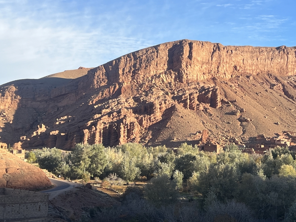 Paysage désertique montagneux avec des arbres.
