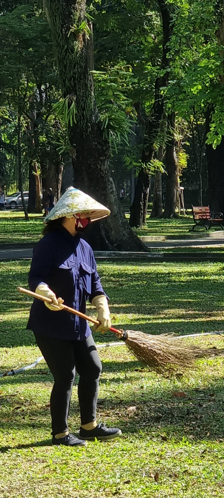 Une personne portant un chapeau conique et un masque, balayant une zone de parc.