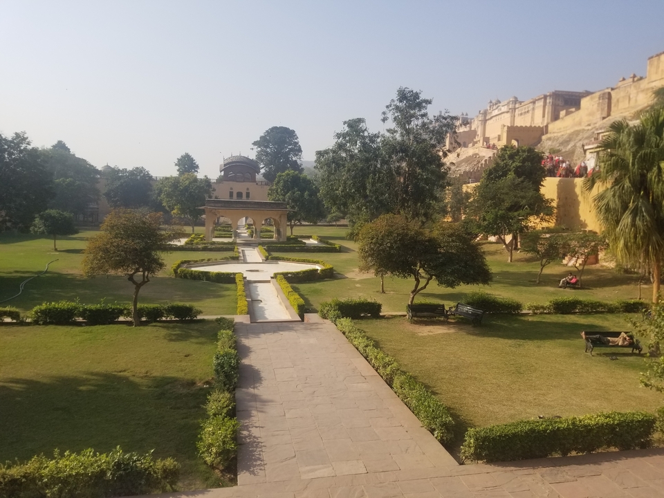 Jardin luxuriant avec architecture par une journée ensoleillée.