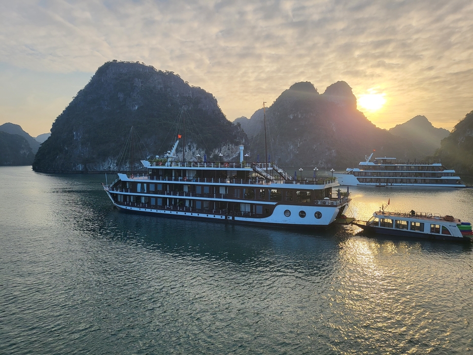 Bateaux de croisière dans la baie au coucher du soleil avec des paysages karstiques.