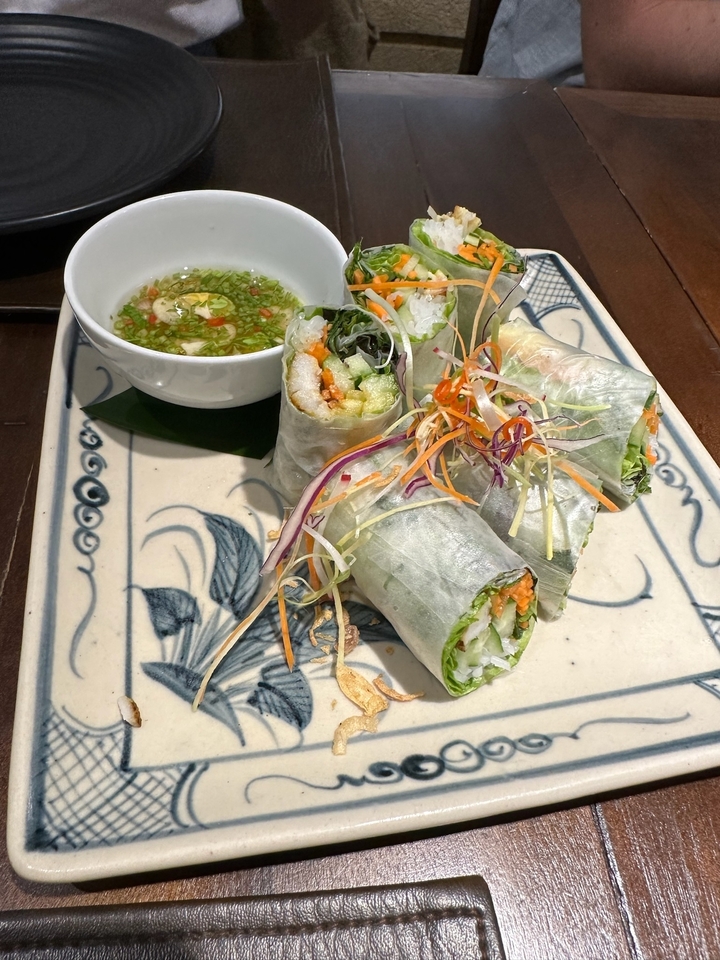 Rouleaux de printemps vietnamiens colorés avec sauce dans une assiette.
