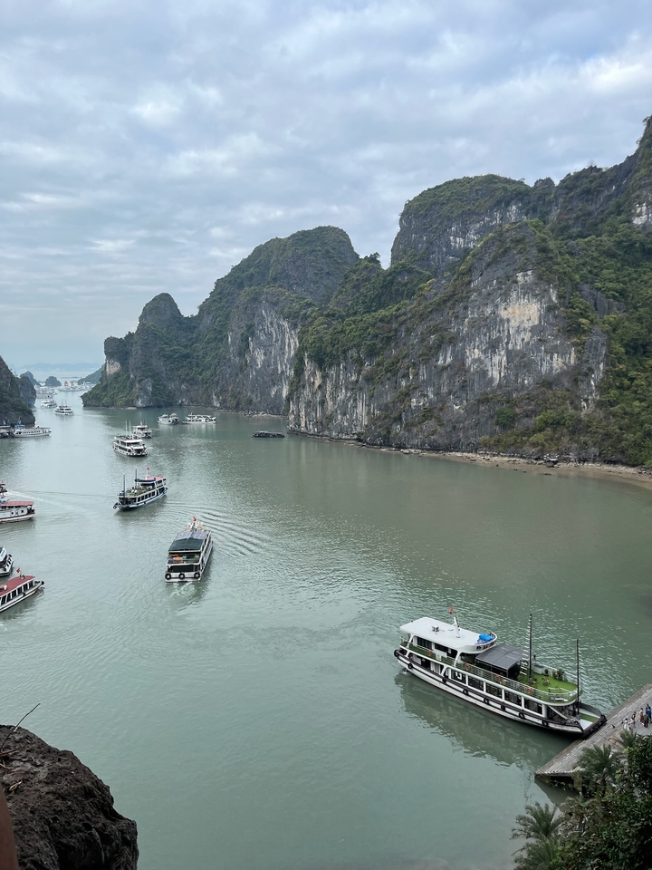 Baie d'Halong avec des bateaux et des îles rocheuses de calcaire.
