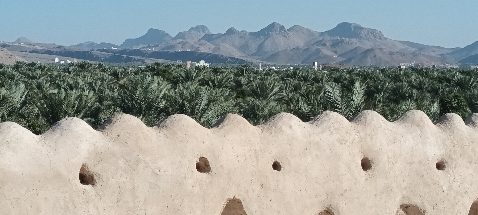 Un mur de boue devant une forêt luxuriante avec des montagnes à l'arrière-plan.