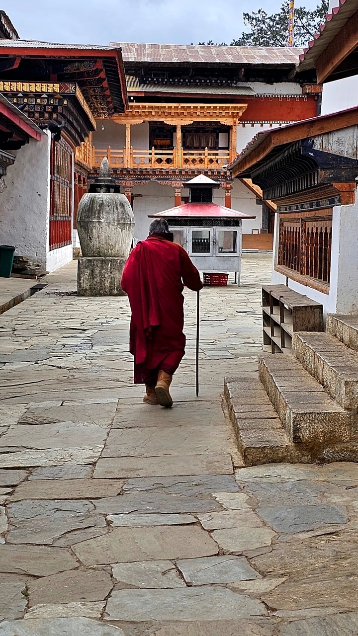 Moine âgé marchant avec une canne.