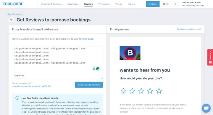 Screenshot of a TourRadar webpage detailing review collection.