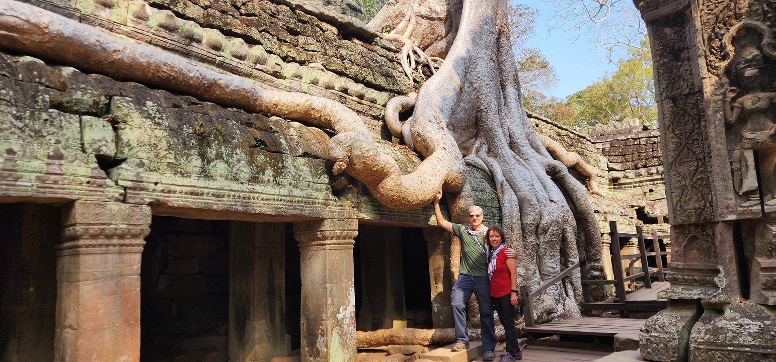 Deux personnes debout à côté de racines d'arbres anciens recouvrant une ruine.
