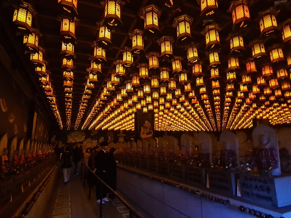 Tunnel de lanternes illuminées avec des visiteurs la nuit.