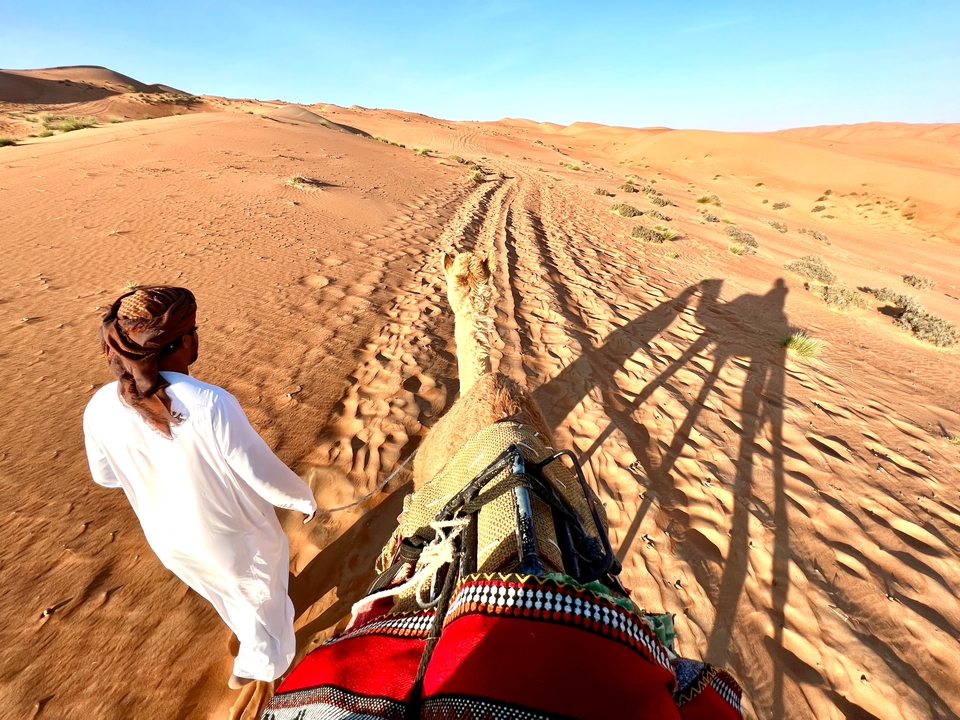 Personne menant un chameau à travers le désert avec de longues ombres dans le sable.