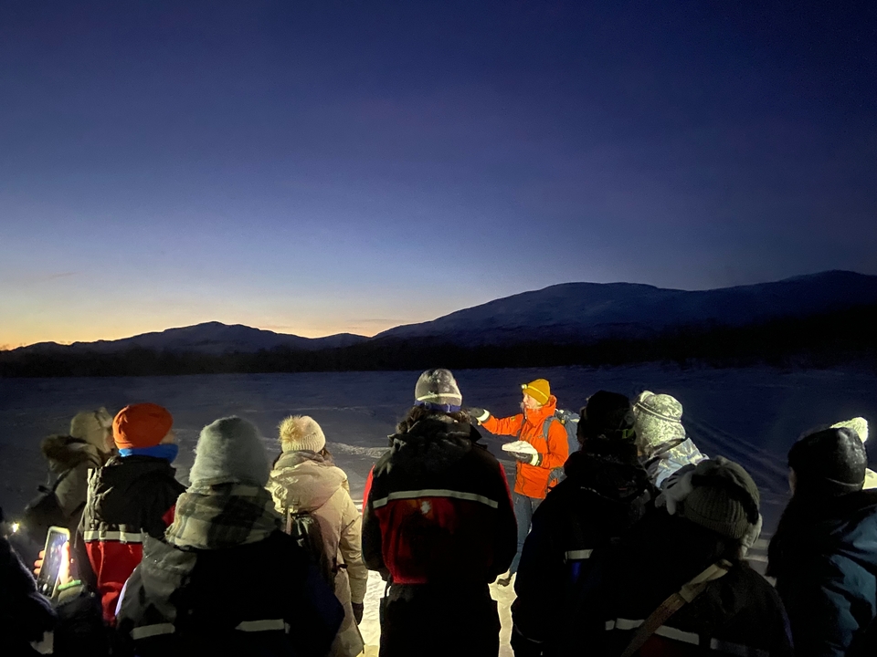 Un groupe de personnes observant le ciel nocturne dans un paysage enneigé.