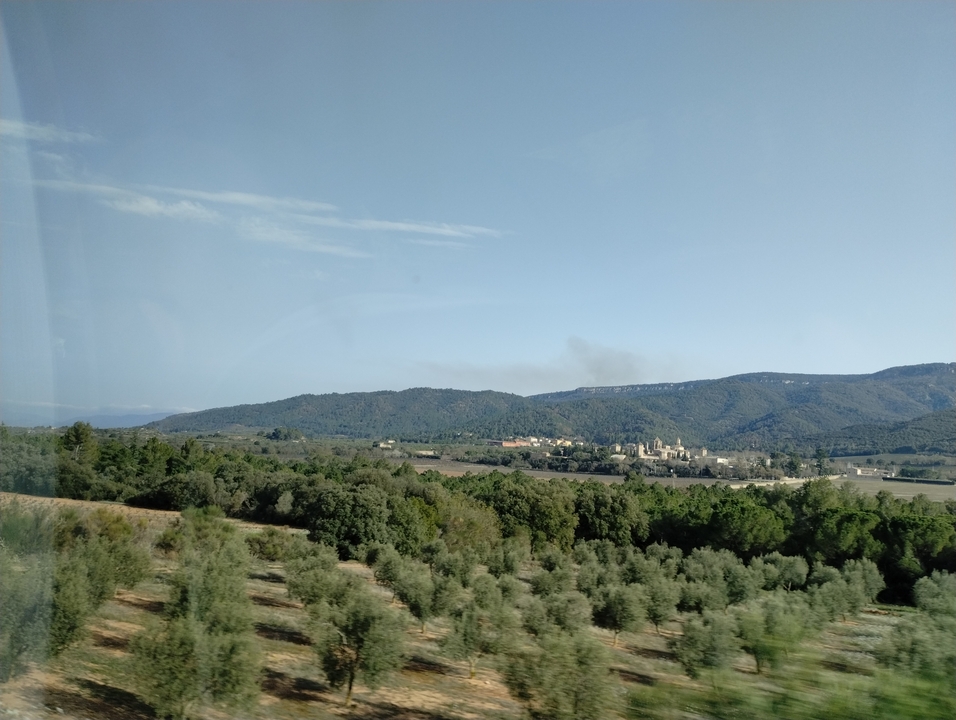 Vue de campagne avec collines et arbres.