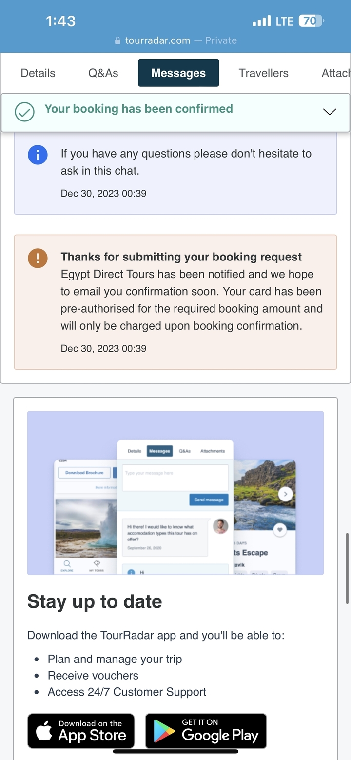 Screenshot of booking confirmation webpage with text paragraphs