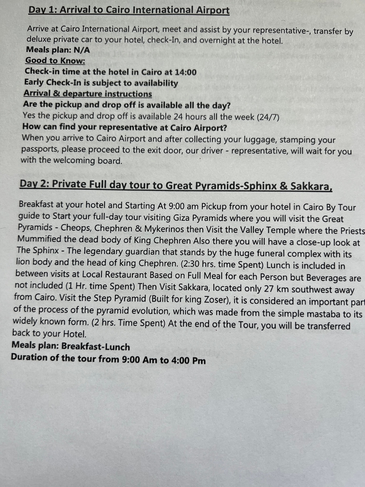 Close-up photo of printed travel itinerary text document
