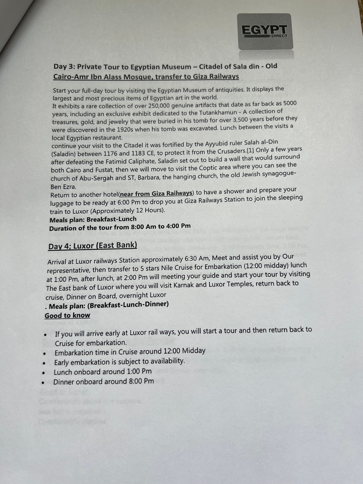 Photograph of typed itinerary page discussing Luxor railways station tour details