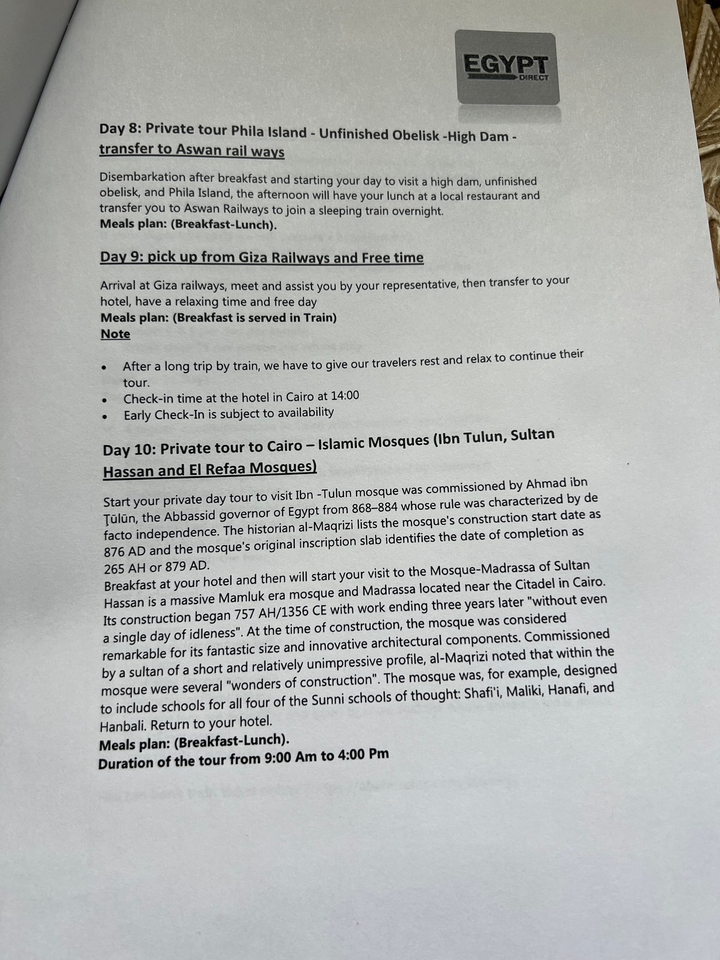 Photo of printed itinerary text describing private tour of Islamic Mosques in Cairo