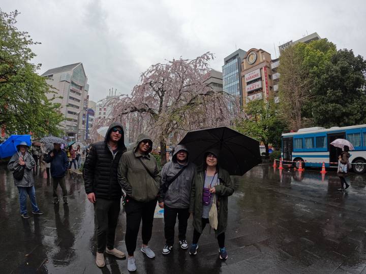 Des personnes avec des parapluies dans un parc urbain sous la pluie.