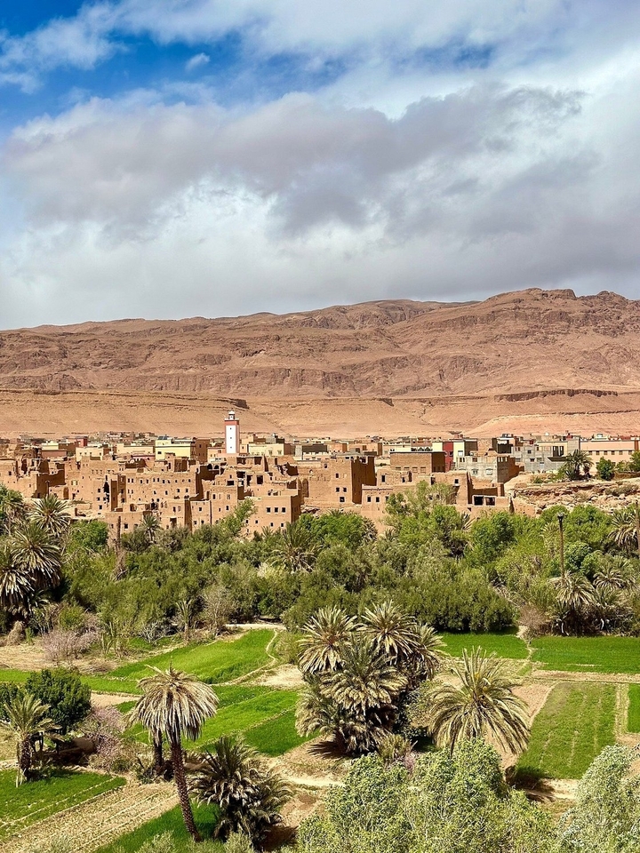 Vue d'ensemble d'une ville désertique entourée de montagnes.