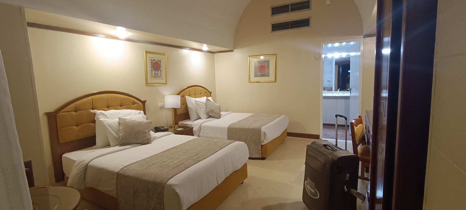 Intérieur de chambre d'hôtel avec deux lits et des bagages.