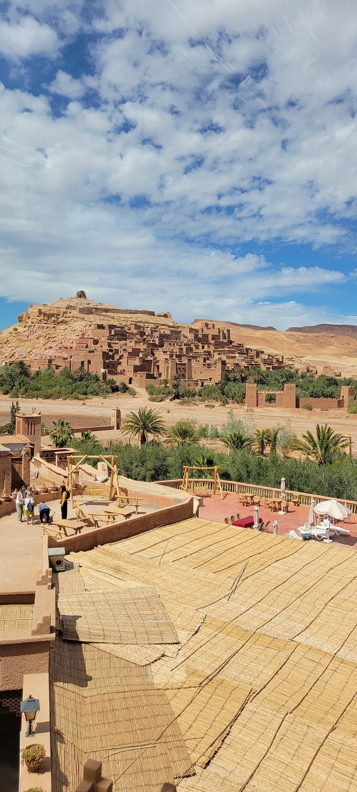 Bâtiments traditionnels en terre d'Aït Benhaddou avec un premier plan luxuriant.