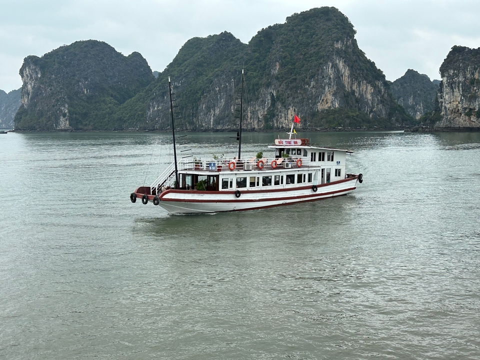 Un bateau naviguant dans une baie entourée de montagnes karstiques.