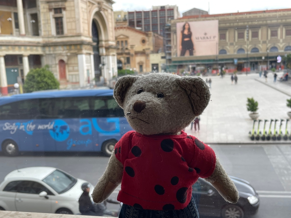Un ours en peluche dans une fenêtre donnant sur une rue avec un bus qui passe.