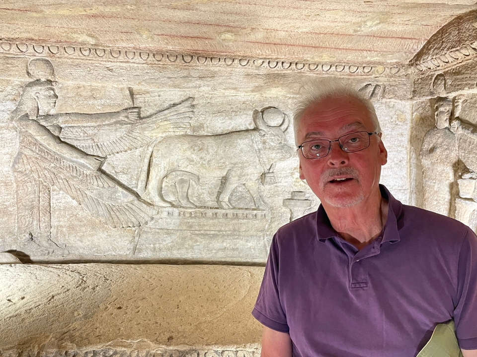 Homme posant devant des sculptures égyptiennes antiques.