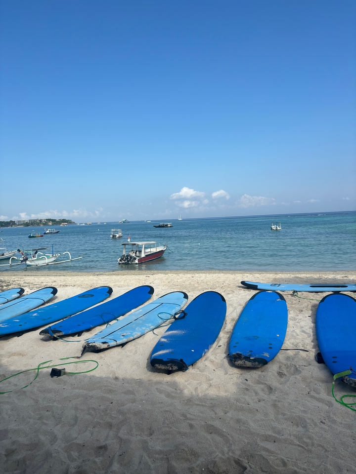 Planches de surf sur une plage de sable avec des bateaux sur l'eau.