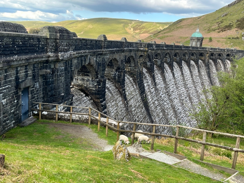 Barrage en pierre avec arcs et moutons qui paissent à proximité.